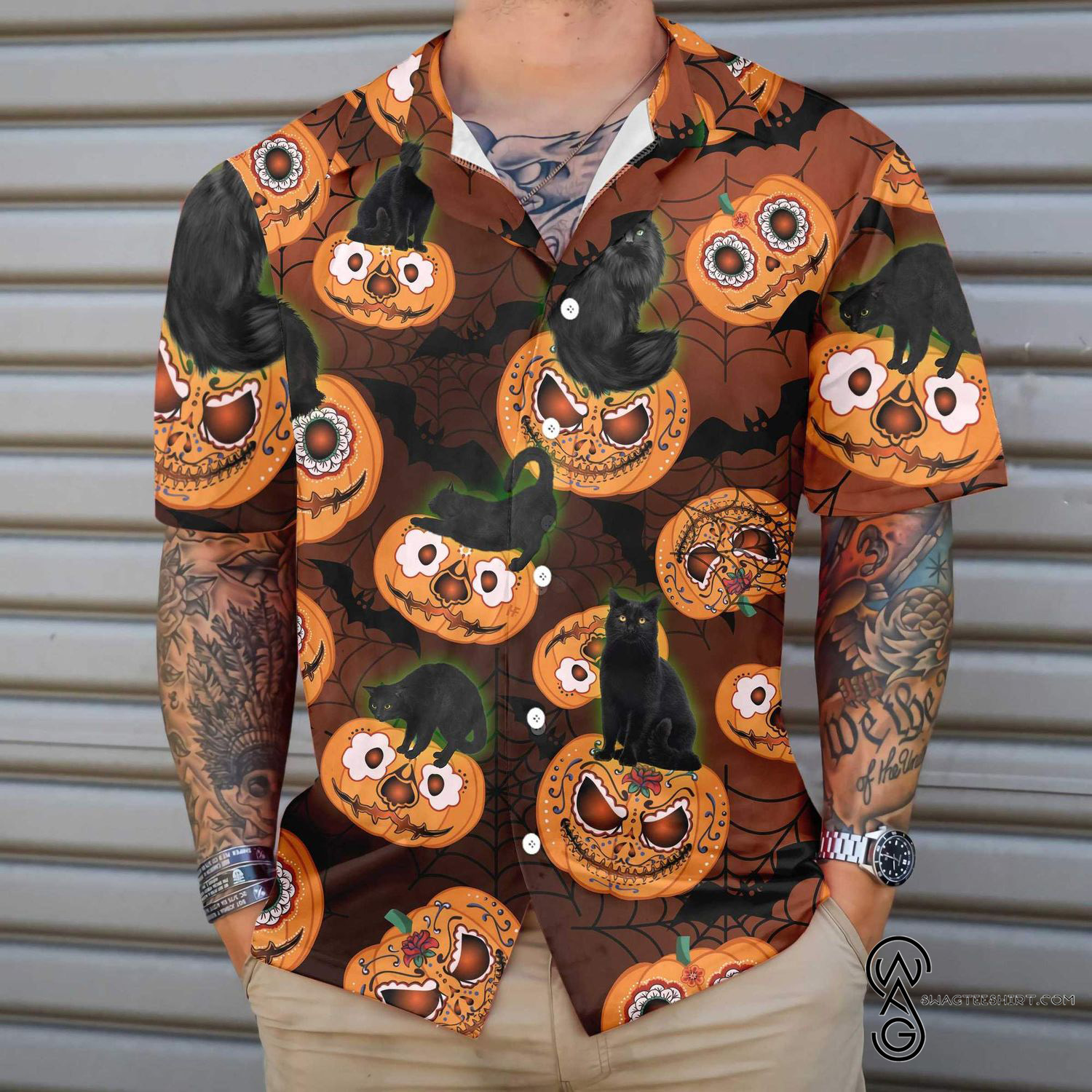 [Top Trending] Halloween Black Cat Sugar Pumpkin Full Printing Hawaiian Shirt Funny Hawaiian Beach Gift Casual Shirt